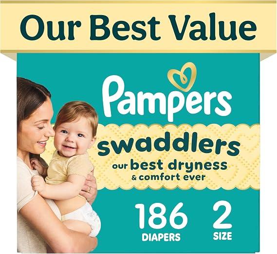 Pampers Swaddlers Diapers, Size 2 (10-22 lbs), 186 Count, Fragrance Free, Hypoallergenic, Absorbent, Pediatrician Recommended, Skin Safe