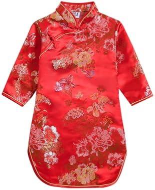 Girls Qipao Peony Long Sleeve Dress Chinese New Year Clothing Chinese Traditional Clothes for Kids Toddler 10-11 Y