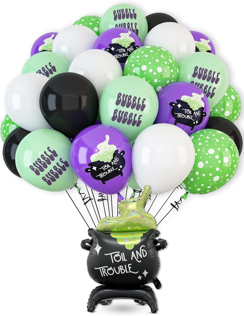 HOUSE OF PARTY 50PCS Halloween Cauldron Foil Balloons - 30" Cauldron Halloween Balloons Arch Kit Balck Green Balloon for Birthday Halloween Party Decorations