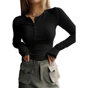 Women's Long Sleeve Tee Shirts Button Down Slim Fitted Basic Henley Tops Fall Ribbed Knit Shirts (Black, M)