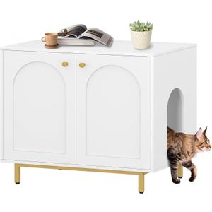 Cat Litter Box Enclosure, Hidden Litter Box Furniture Cabinet, Wooden Indoor Cat House, Side End Table, Living Room, Bedroom, White and Gold CB85003G