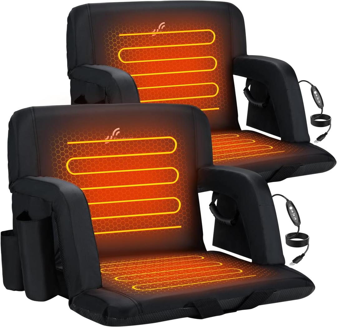 Sportneer Heated Stadium Seats with Back Support: 6 Adjustable Angles Extra Wide Bleacher Seat with Dual Heating Zones - 2.5" Padded Stadium Seats for Sports Outdoors, 2 Pack