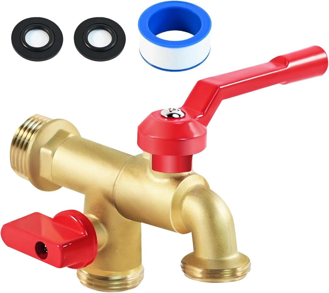 Outdoor Double Taps Water Faucet, Garden Hose Splitter 2 Way, 3/4 inch Wall Mounted Brass Water Tap, Frost-Proof Outside Spigot Replacement with 2 Outlets for Balcony, Lawns, Hose Connector (Red)