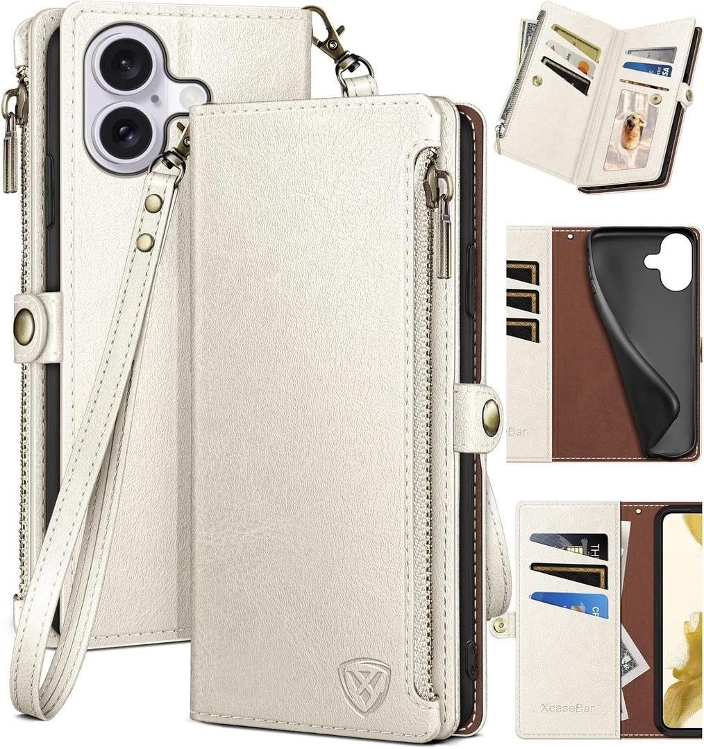 XcaseBar Compatible with iPhone 16 Plus 6.7" Wallet case with Zipper Credit Card Holder【RFID Blocking】,Flip Folio Book PU Leather Phone case Shockproof Cover Women Men for Apple 16 Plus case White