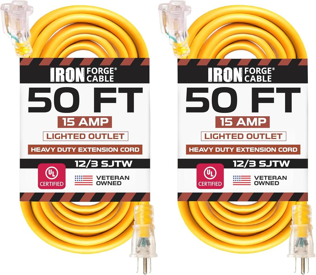 IRON FORGE CABLE 2 Pack of 50 Ft Outdoor Extension Cords - 12/3 SJTW Heavy Duty Yellow 3 Prong Extension Cable, 15 AMP - Great for Garden and Major Appliances