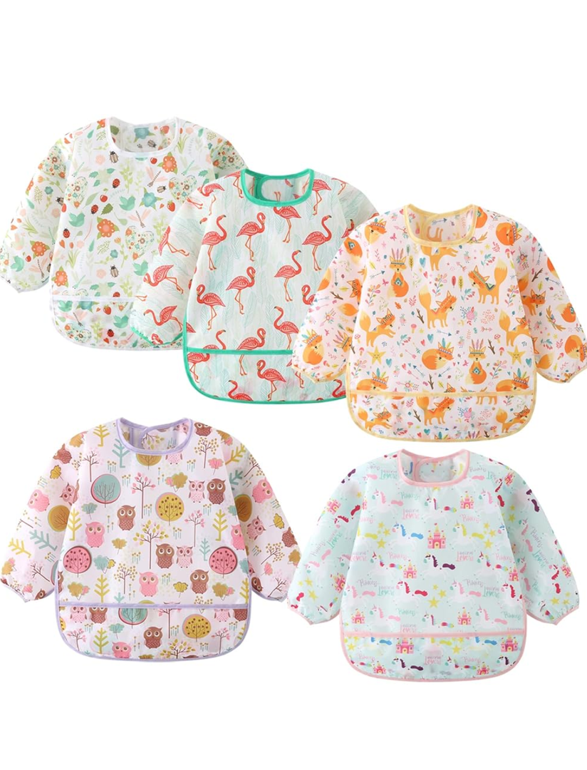5 Pack Long Sleeve Bib,Baby Toddler Waterproof Sleeved Bib for 6-30 Months Reusable with Catch-all Pocket