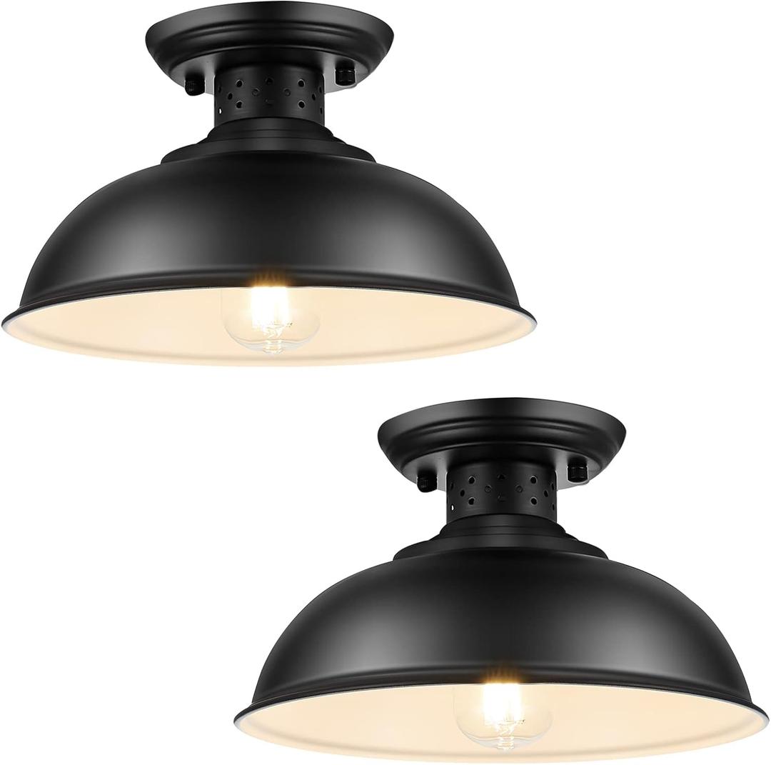 LOEHINLE 2PCS Semi Flush Mount Ceiling Light, Industrial Close to Ceiling Lighting Fixtures, Rustic Vintage Metal Black Ceiling Lamp for Kitchen Island Bedroom Hallway Farmhouse, 13in