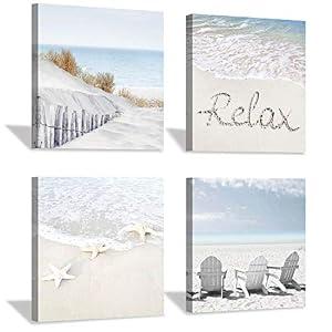 Hardy Gallery Coastal Artwork Beach Wall Art: Starfish & Chairs on Sand Painting with Word Picture on Canvas for Living Room (16” x 16'' x 4 Panels)
