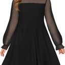 Haloumoning Girls Contrast Mesh Long Sleeve High Waist A Line Short Dress with Pockets (10-12 Years)