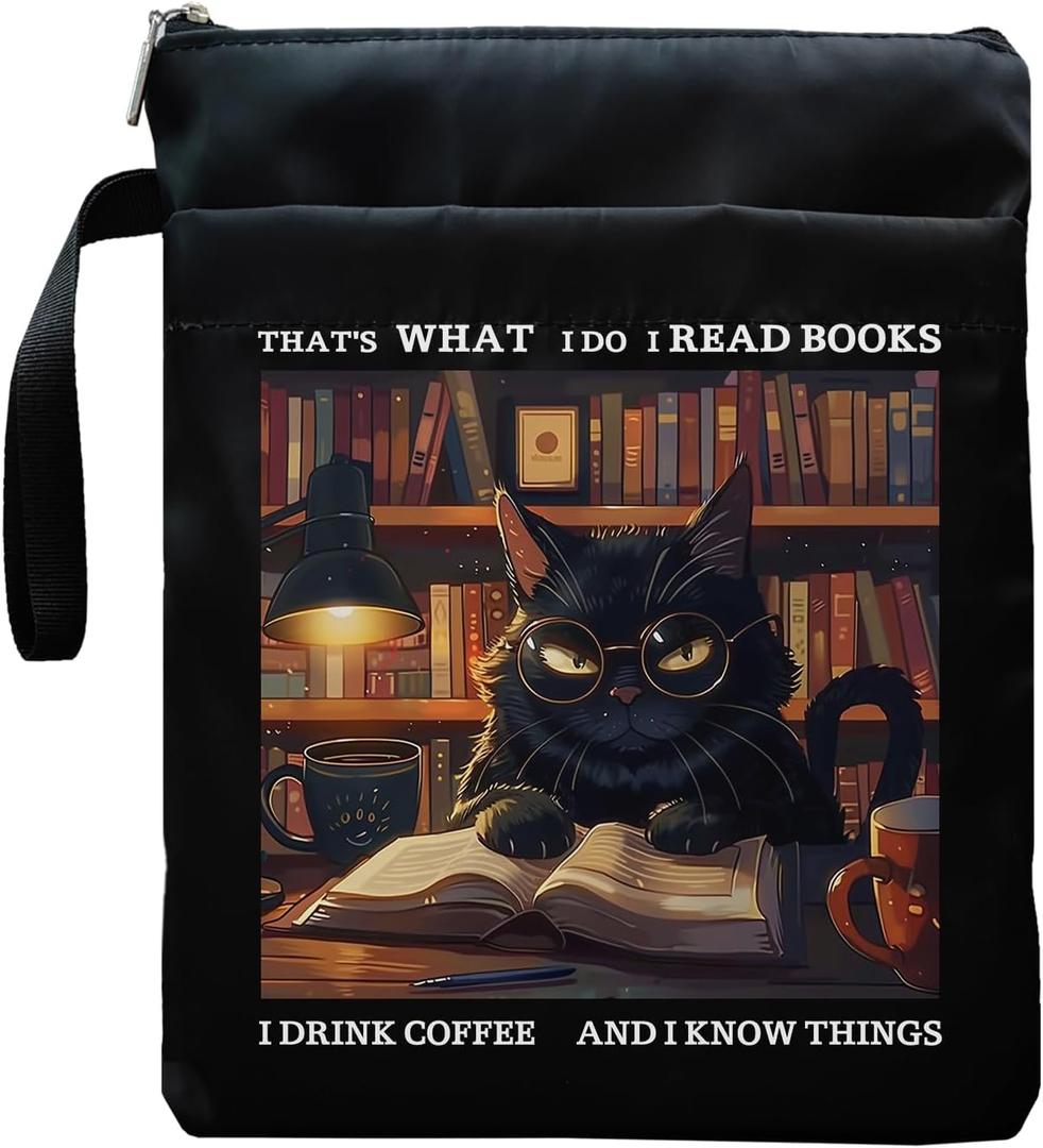 Inspirational Quotes Book Sleeve, Book Covers with Zipper, Book Sleeves for Book Lovers, Cat & Book Book Pouch Protector, That's What I Do I Read Books I Drink Coffee and I Know Things