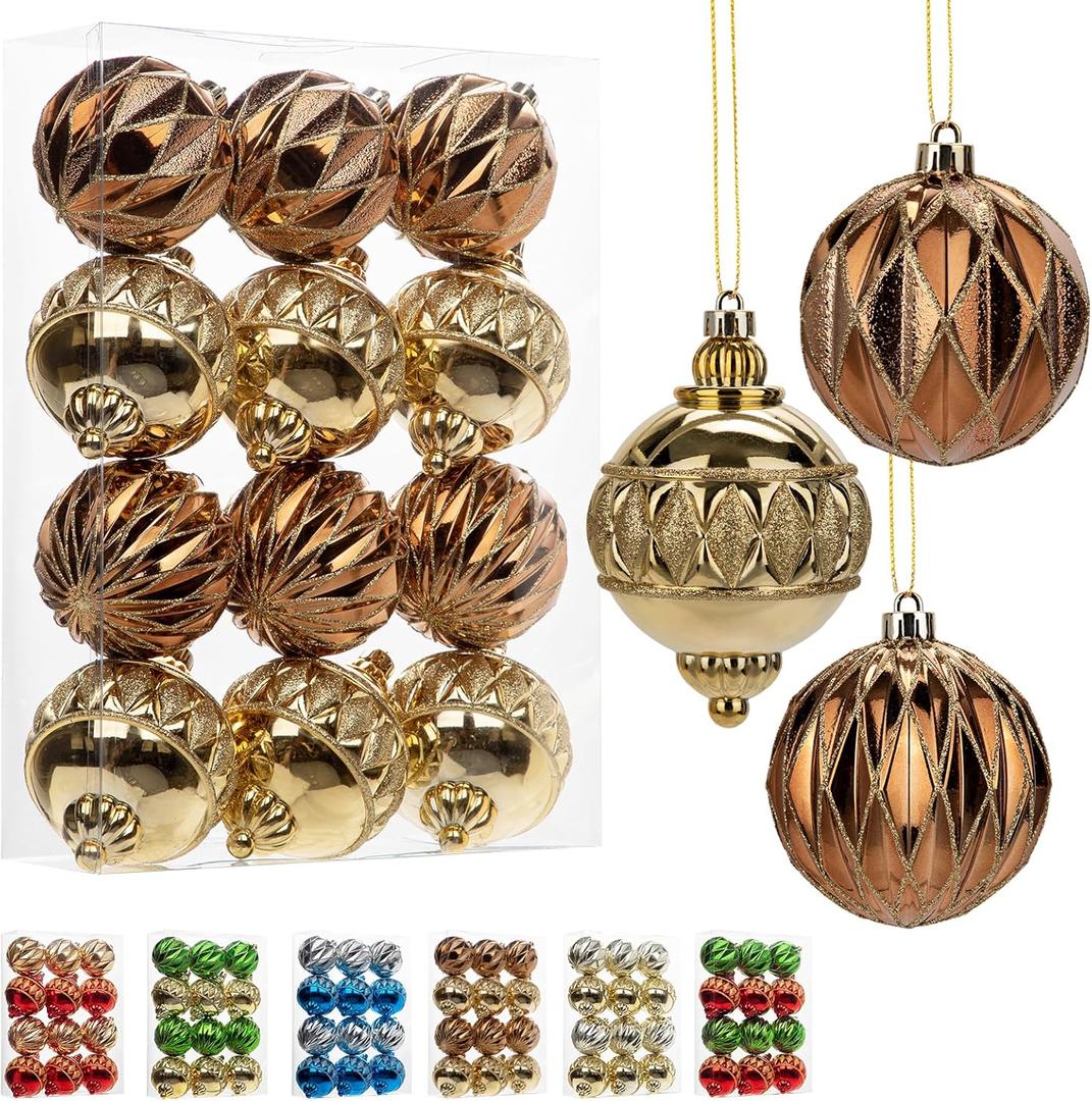 12 PCS Large Christmas Ball Ornaments Set for Tree, Shatterproof Xmas Tree Decorations Balls, Assorted Design Plastic Ornaments for Holiday Wedding Party, Big Brone Christmas Balls (Vintage Bronze)