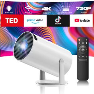 Projector with WiFi and Bluetooth, Mini Projector, 4K 1080P Support Portable Wireless Movie Projectors 220 Rotatable 130'' Screen Auto Keystone Compatible with HDMI/iPhone/TV Stick for Bedroom Indoor (White)