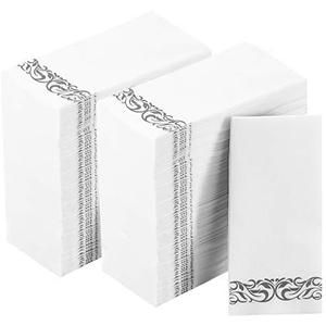 200 Disposable Hand Towels Soft and Absorbent Linen Feel Dinner Napkin Durable Decorative Bathroom Hand Napkins Good for Kitchen, Parties, Weddings, Dinners or Events White and Silver
