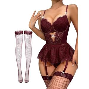 Lilosy Sexy Stocking Rhinestones Heart Garter Underwire Floral Mesh lace Sheer Babydoll Lingerie Teddy Bodysuit Skirt Set Women 2 3 Piece Push Up See Through Red M