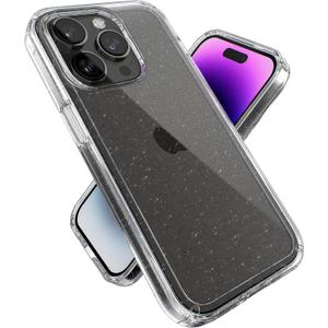 Speck Clear iPhone 14 Pro Case - Drop Protection, Scratch Resistant Dual Layer Slim Phone Case for 6.1 Inch iPhones 14 Pro - Anti-Yellowing & Anti-Fade Case - Clear with Platinum Glitter GemShell