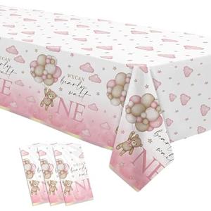 YJRJSC Bear 1st Birthday Decorations Tablecloth for Girl, 3 Pack Disposable Pink Teddy Bear Theme We Can Bearly Wait One Party Supplies Tablecover, 55in x 86in, Set of 3