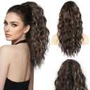 Clip on Ponytails for Women - 18 Inch Curly Ponytail Extension, Wavy Pony Tails Hair Extensions, Synthetic Hair Extensions Ponytail, Clip in Ponytail (Color: Brown with Golden Highlights)