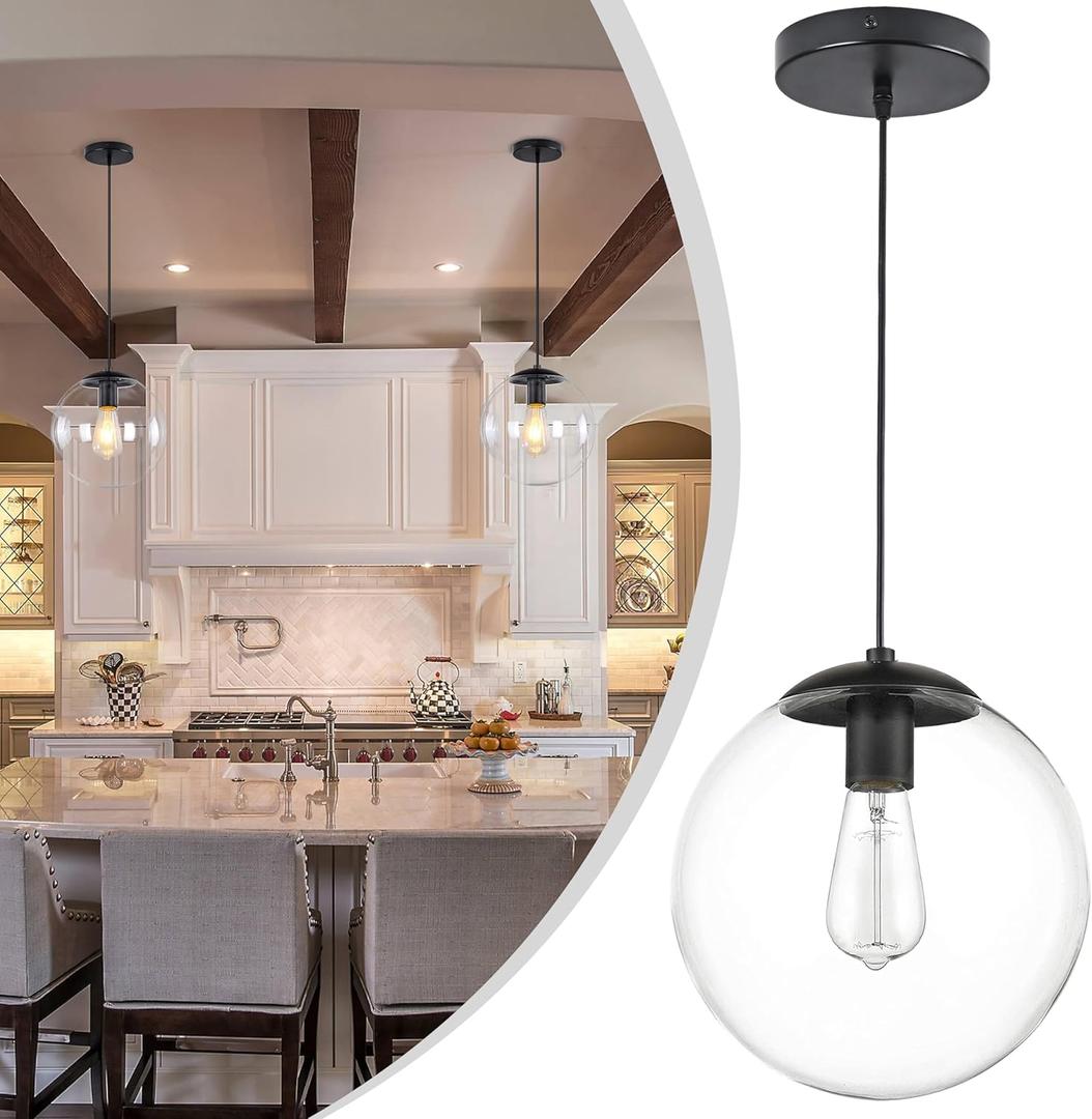 KoKo&Yukina 10" Globe Pendant Light Black Mid Century Pendant Light Mid Century Adjustable Hanging Light Fixture Matte Black Finished with Clear Glass Lampshade for Dining Room Bedroom Kitchen Island (10 inch, Clear & Black)