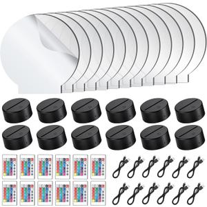 12 Pieces Clear Acrylic Sheets and 12 Pieces 3D Night LED Light Lamp Base with Remote Control and USB Cable, DIY Acrylic Lamp Base Set for Restaurant Bar Cafe Shop Room Decoration (Round)