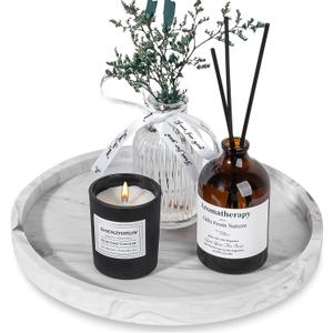 Silicone Bathroom Tray Round Vanity Tray Decorative Soap Holder Kitchen Countertop Organizer Coffee Table Decor for Candle, Perfume, Plant, 9 Inch, Marble Grey