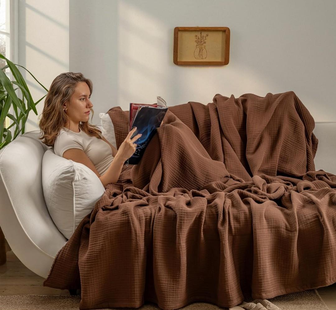 Muslin Blanket - Pure 100% Turkish Cotton Airy Soft Light Versatile Gauze Throw Blanket for Bed, Couch, Sofa (Dark Brown, Throw Size (50" x 66" inch))