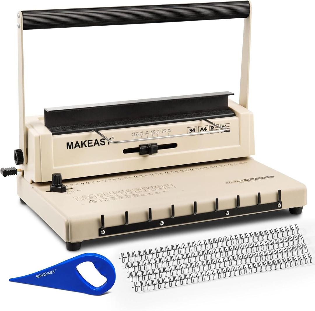 MAKEASY Binding Machine - Wire Binding Machine, 34 Hole, 15 Sheets Punch Capacity, Metal Book Maker Machine with 1 Box Wire Spines & Ring Opener (Beige)