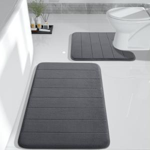 Yimobra Memory Foam Bath Mat Set, 2-Piece Soft U-Shaped Bath Rugs, 31.5x19.8 & 24x20.4, Anti-Slip, Quick-Dry Dark Gray