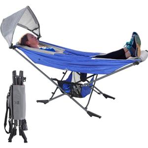 Portable Hammock with Stand, World's Best Mock ONE Hammock, Compact Folding Framed Hammock with Adjustable Sunshade Canopy for Park, Backyard, Garden, Camping, Hiking, Mountaineering, Beaches- Blue