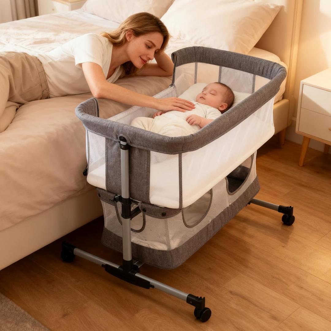 Bassinet Bedside Sleeper, 3-in-1 Baby Bedside Bassinet, 5 Height Adjustable Rocking Baby Crib, Breathable Full Mesh, Mosquito Net, Storage Basket, Stable and Secure Bassinets for Newborn Infant