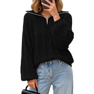 BTFBM Sweaters for Women Fall Fashion 2025 Loose Quarter Zip Pullover Collared Long Sleeve Cable Knit Winter Clothes (Small, Black)