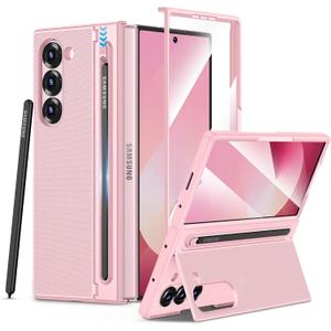 Maxdara for Z Fold 6 Case, Galaxy Z Fold 6 Case with S Pen Holder, Built-in Kickstand and Screen Protector Support Wireless Charging Shockproof Slim Phone Cover, Pink