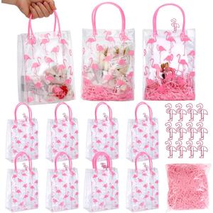 Sweetude 12 Pcs Flamingo Gift Bags with Handle Summer Pink Plastic Clear Party Favor Birthday Gift Bags Transparent PVC Wrap with Raffia Flamingo Shaped Clips