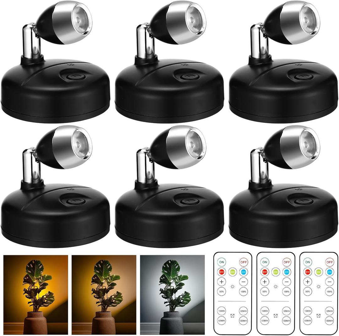 Hortsun 6 Pcs Mini Battery Operated Spotlights with 3 Remote Indoor Plant Wireless LED Spot Lights Rotatable Dimmable Accent Picture Lights for Wall Artwork Painting Display(Black)
