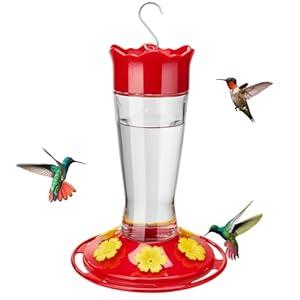 Kingsyard Glass Hummingbird Feeder for Outdoors Hanging, 14 oz Leak-Proof Humming Bird Feeders with Ant Moat & Bee Proof Feeding Ports, Hummingbird Gift for Bird Lovers (Updated Red)