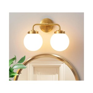 Bathroom Vanity Light Fixtures Over Mirror, Modern Brass Gold 2 Lights Wall Sconce Lighting with Milky Glass Ball Shades, Mid Century Farmhouse Bathroom Lighting