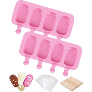 Ouddy Life Popsicle Molds Set of 2, Ice Pop Molds Silicone 4 Cavities Ice Cream Mold Oval Cake Pop Mold with 50 Wooden Sticks for DIY Popsicle, Pink