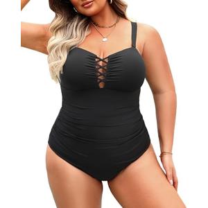 Women Plus Size One Piece Swimsuit - Tummy Control Bathing Suits Ruched Lace up Swimwear Bandeau Retro Swimsuits 2025 ( 14 Plus, Black )