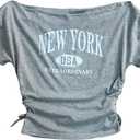 Girl's Letter Print Off The Shoulder T Shirt Short Sleeve Ruched Summer Street Crop Tops (Grey) 15y