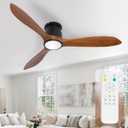 52" Low Profile Ceiling Fan, Flush Mount Ceiling Fan with Lights Remote Control, DC Motor with Wood Blades, 6-Speed & Timer for Bedroom/Living Room/Walnut Wood