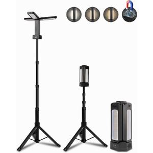 12000mAh Rechargeable LED Work Light with 74.8" Tall Stand, 2000/2500/3000 Lumens, Portable Cordless Work Light, 3000K/4500K/6000K Dimmable Camping Light with Detachable Tripod, Bag Included, Black