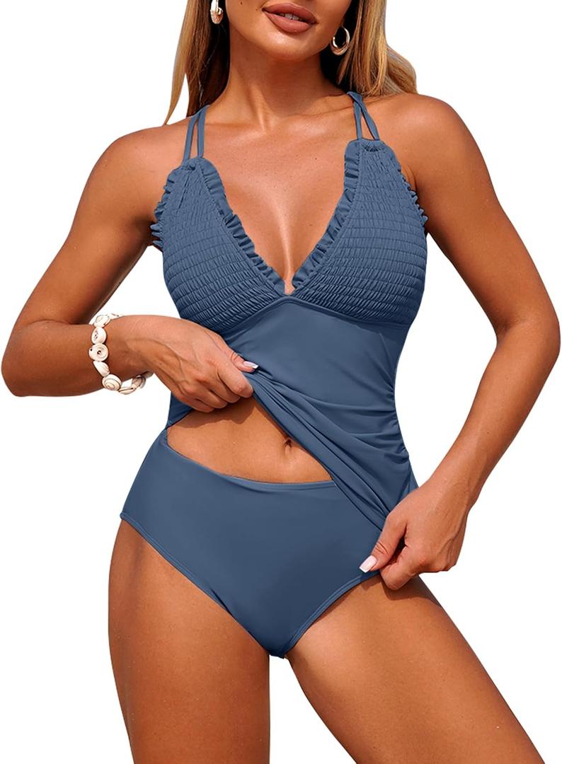 ZAFUL Womens Tankini Swimsuits Smocked 2 Piece Bathing Suits Modest Tie Back Swimwear (Blue, XXL)