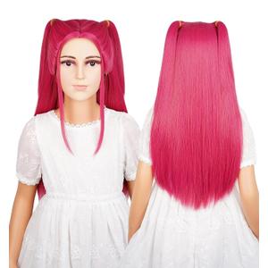 LABEAUT Long Pink Braids Cosplay Wig with Yellow Bow Hairpin for Girls Anime Braided Hair for Csm Halloween Party Hair + Cap (Long Rose Red Cosplay Wig)