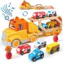 Toddler Car Toys for 2 3 4 5 Years Old Kids, Transport Carrier Truck Toy with 4 Wooden Vehicle, 24IN Foldable Track Trailer with Light & Sound Effects, Best Gift Choice for Christmas, Birthday