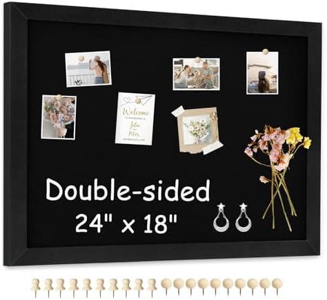 AMUSIGHT Double-Sided Black Cork Board with Linen, 24" x 18" Hanging Wood Framed Large Bulletin Board, Picture Display Vision Board Kit Corkboards for Wall Room School Office Decor, 20 Pushpins