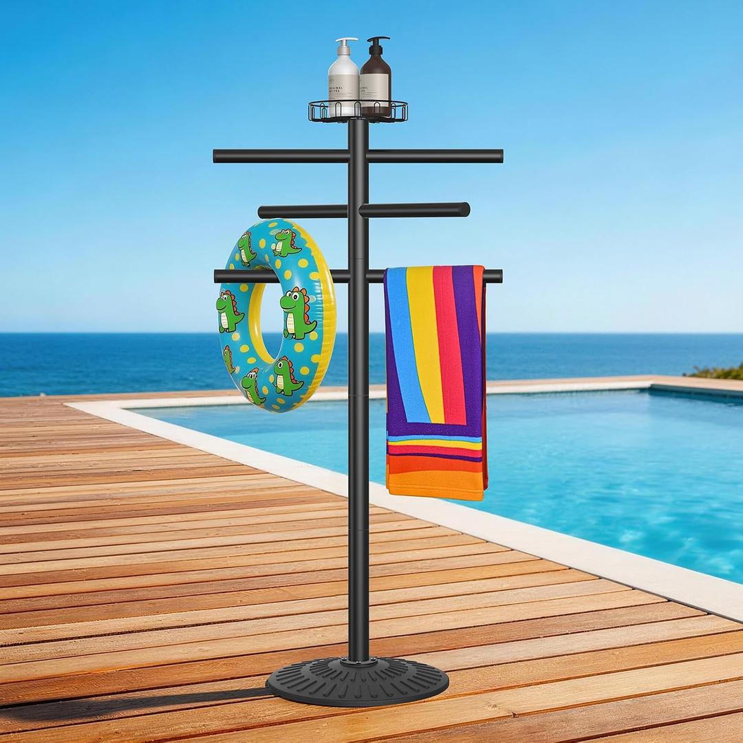 59" Pool Towel Rack Outdoor, Heavy Duty Outdoor Towel Rack, Hot Tub Towel Rack with Tray, 6 Arms Freestanding Swimming Pool Towel Holder with Metal Base for Pool, Backyard, Swimsuits, Drying Towels
