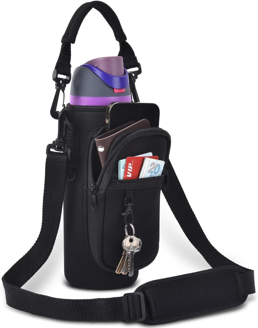Water Bottle Holder Bag with Phone Pocket for Owala FreeSip 24 32 40 oz Neoprene Cup Carrier Pouch for Hiking Travelling etc (Black)