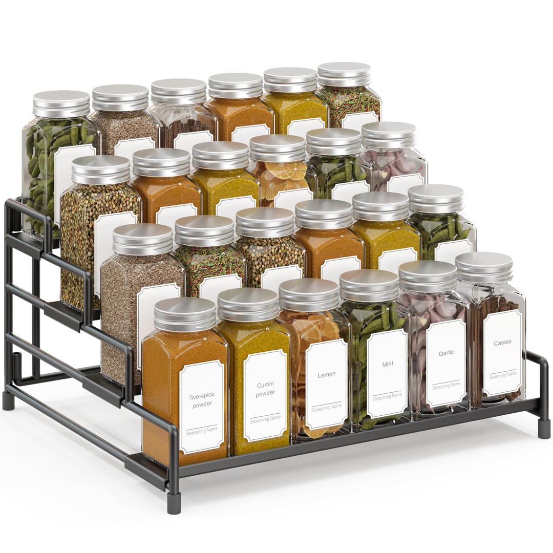 RUILALIFE 4-Tier-Spice-Rack-Organizer-for-Cabinet, Adjustable Depth Spice Holder Shelf For Countertop Pantry Cupboard, Metal Tiered Seasoning Organizer, Display Shelf Riser (Black-1 Pack)