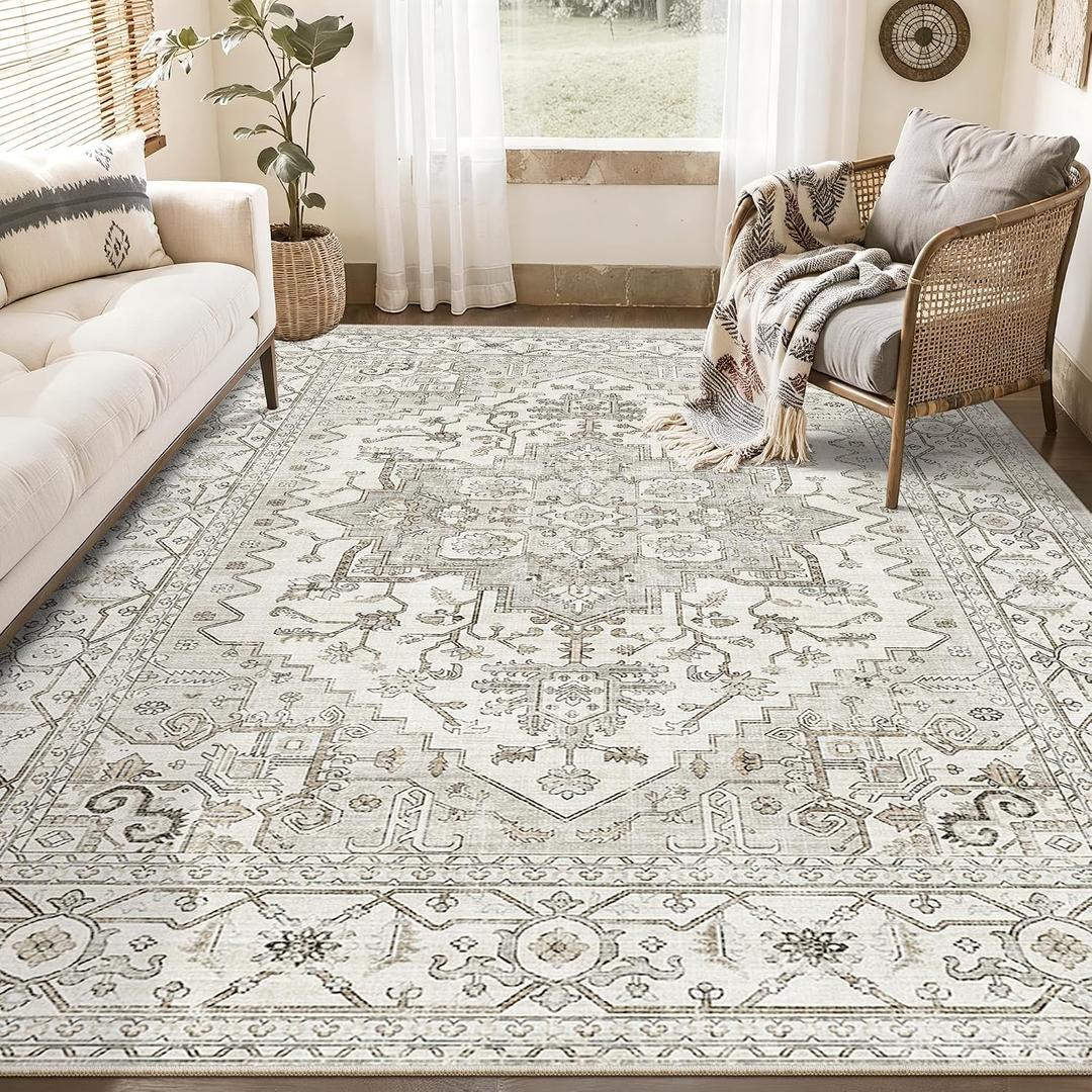 Area Rugs for Living Room - 4x6, Boho Non-Slip Low Pile Carpet Machine Washable Rugs for Bedroom, Farmhouse, Office, Dining Room (Beige)