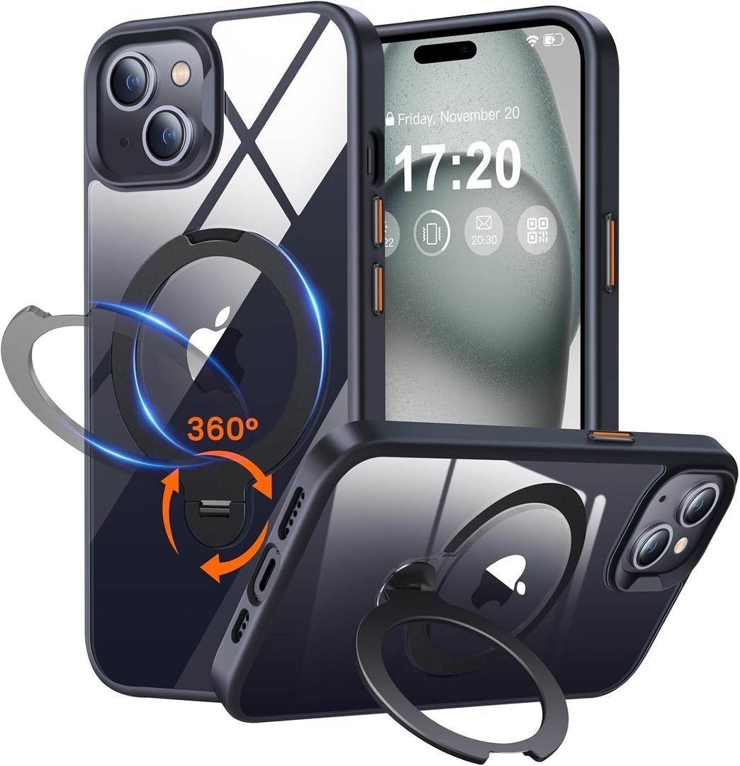 360 Rotatable Magnetic Stand for iPhone 15 Case Compatible with Mag-Safe 16FT Military Drop Protection, Anti-Scratch/Fingerprint Shockproof iPhone 15 Phone Case(Clear-Black)