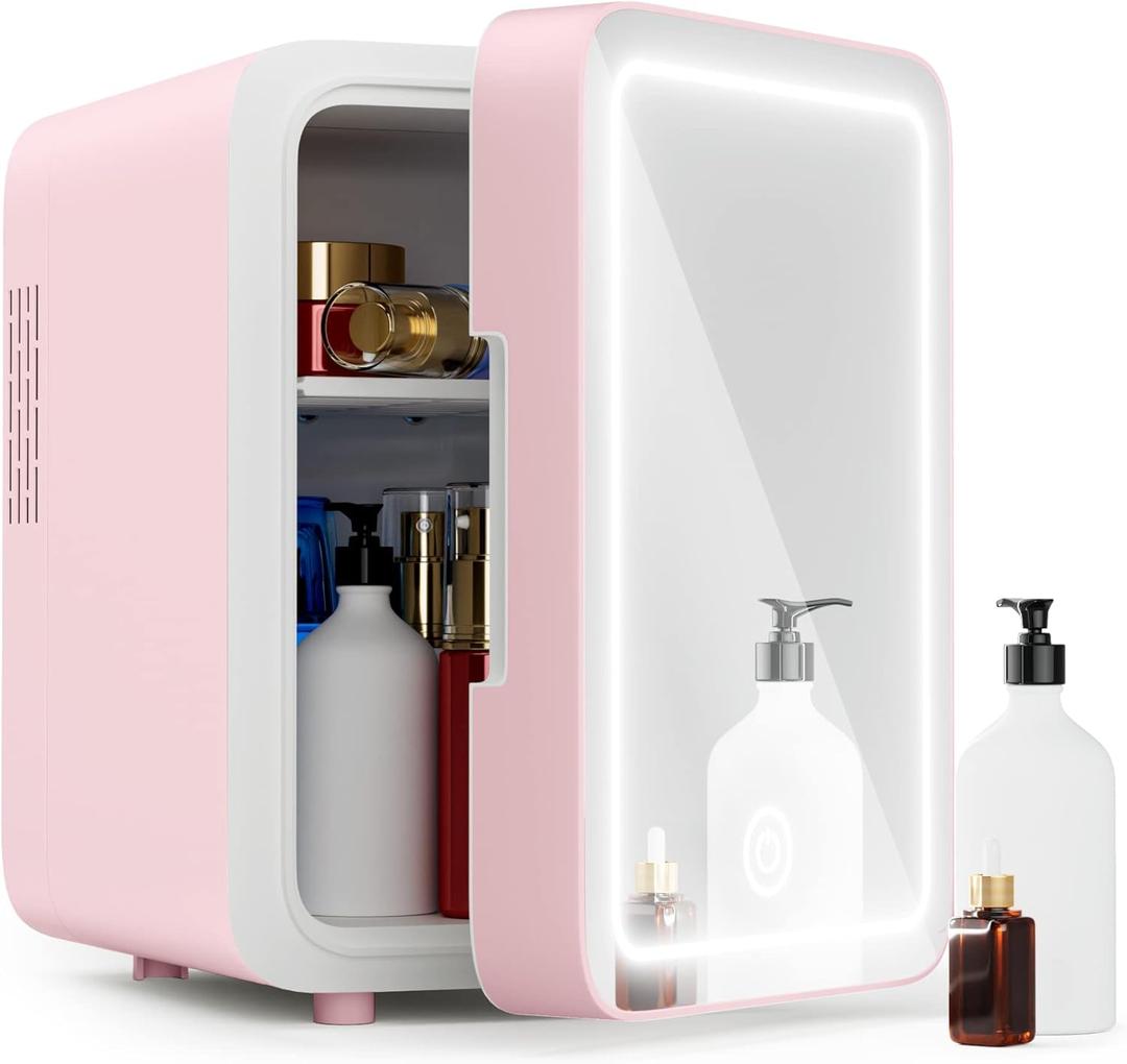 Skincare Fridge - Mini Fridge with Dimmable LED Mirror (4 Liter/6 Can), Cooler and Warmer, for Skincare and Food, Mini Fridge for Bedroom, Office and Car, Pink